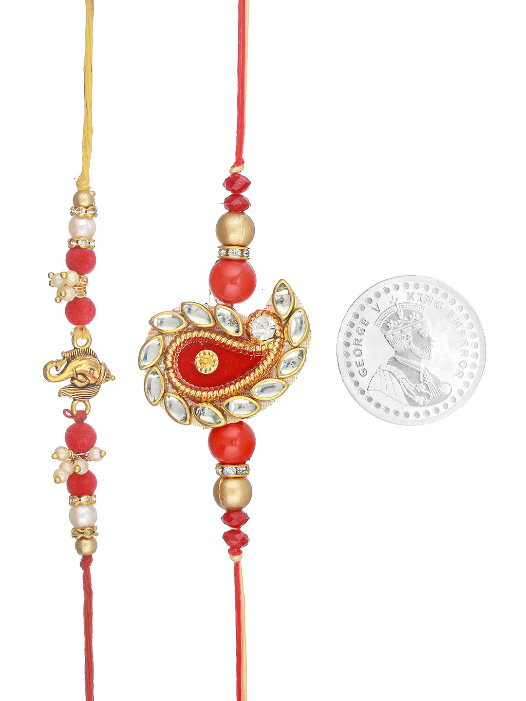 Set Of 2 Ganesha & Carry Ethnic Handcrafted Thread  Rakhi with 999 Silver King George Round 10 gm Silver Coin